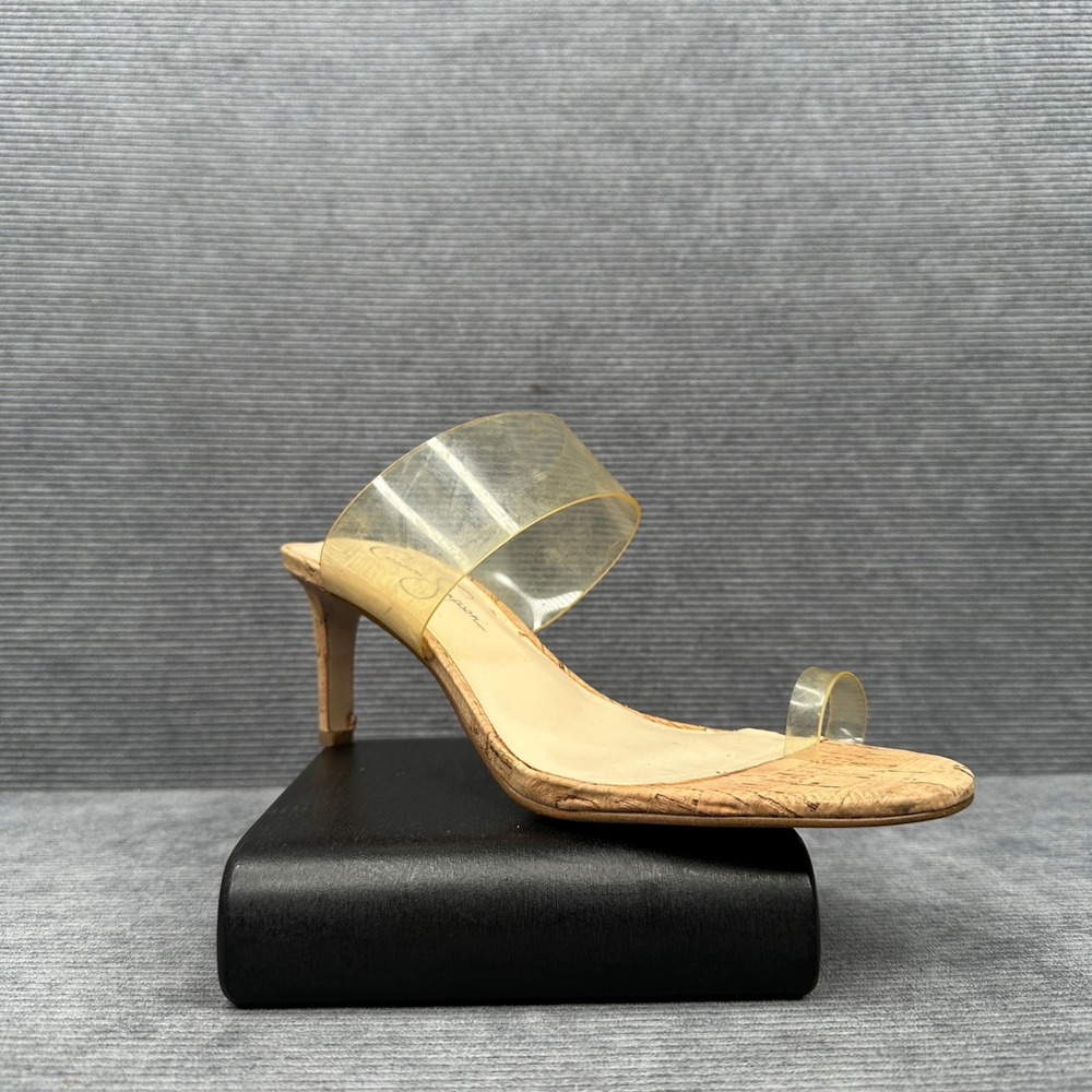 Jessica Simpson Cork Clear PVC Stiletto Slide Sandals Toe Loop Tan Heels Y2k